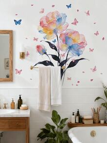 1pc Large Fresh Blue & Pink Watercolor Floral Wall Sticker, Botanical Butterfly Plant Ink Leaf Wall Decal For Bedroom, Living Room, TV Background - 1PC - View 2