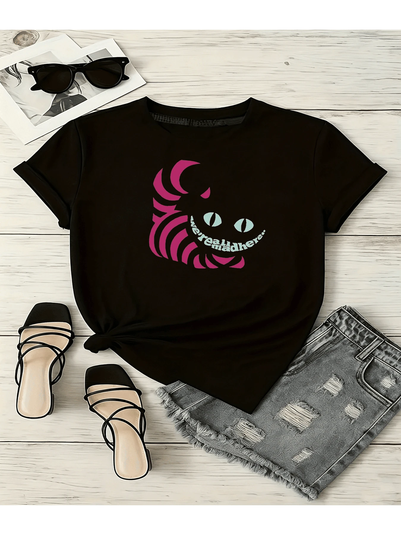 Camiseta de Mujer con Rayas Rosadas y Diseño de Ojos Azules - Blusa Casual de Manga Corta y Cuello Redondo, Corte Relajado en H, Lavable a Máquina, Ropa Casual de Primavera Verano y Regalo para las Fiestas, Cómoda para Todas las Estaciones - Negro - Ver 1