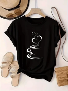 Taza de café con vapor en forma de corazones simbolizando calidez amor y energía positiva para iniciar el día con alegría camiseta de mujer casual cómoda para uso diario - Negro - Ver 8