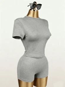 Allurini Women's Summer Holiday Party Outgoing 2 Pieces Set, Black Top And Shorts, Sports Suit Elegant - Grey - View 5