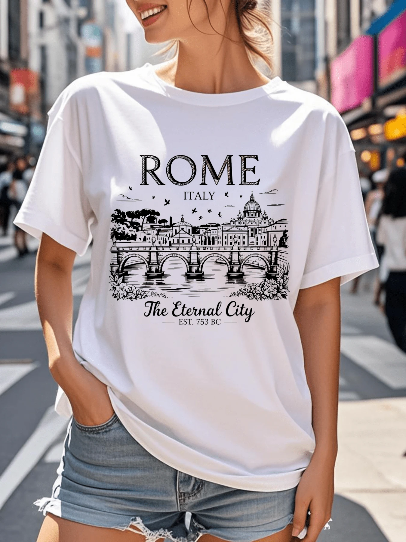Puente histórico sobre el río acompañado de aves en vuelo y edificios clásicos que evocan la antigua Roma símbolo de belleza eterna y cultura monumental camiseta de mujer cómoda y moderna - Blanco - Ver 1