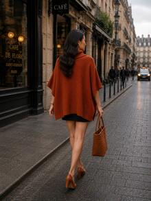 Women's High-Neck Knit Coat, Cape Style, Ideal For Autumn And Winter Looks, Perfect For The Blogger Style. High In The Front And Low In The Back. Pointelle Knit. - 鐵鏽色 - 查看 1