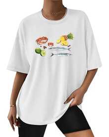 Frutas tropicales con piña y limón junto a mariscos y peces frescos que evocan la frescura del océano y el sabor del verano en una composición artística llena de color camiseta de mujer casual cómoda para uso diario - Blanco - Ver 1