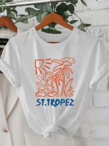 Sol radiante sobre palmeras y hojas tropicales que evocan la frescura del verano y los encantos del mar Mediterráneo con detalle artístico moderno camiseta de mujer casual cómoda para uso diario - Blanco - Ver 6