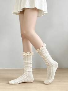 1/2 Pairs Spring/Summer Thin Sweet Lace Ruffle Bow Soft Knit Mid-Calf Socks - Multicolor - View 7