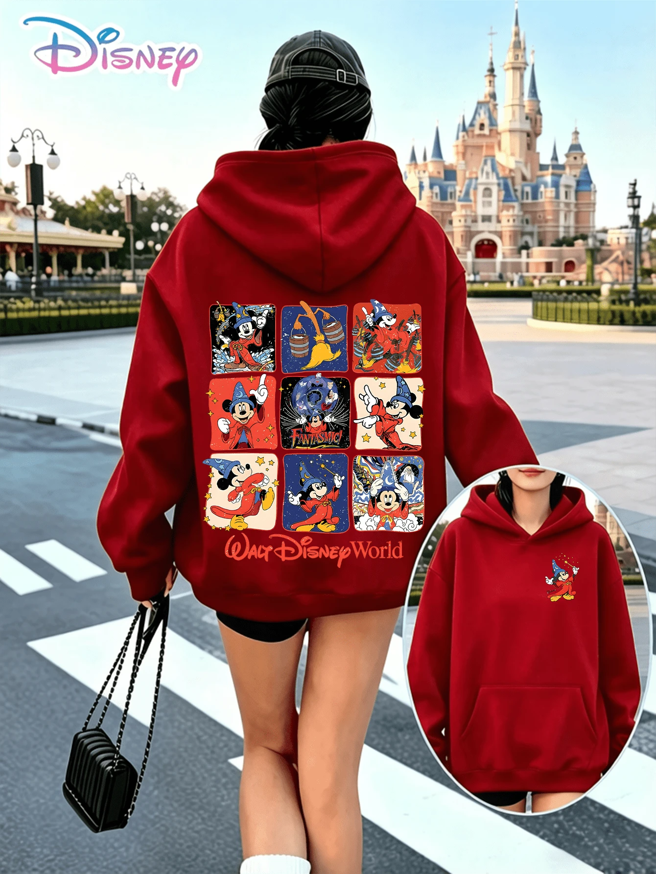 Disney Sorcerer Mickey 9‑Panel Walt Disney World Printed Hoodie With "Walt Disney World" Slogan. A Relaxed, Casual, And Versatile Top, Perfect For Holiday Gifting. (Women's Autumn/Winter Clothing/Elegant Women's Outfits/Patterned Hoodies/Printed Tops/Casual Outfits For Disney‑Park Daily Wear) - Đỏ - Xem 1