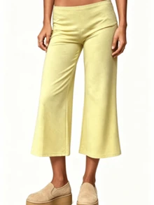 Womens Low Rise Capri Pants Fold Over Waistband Solid Color Slim Fit Cropped Pants Trousers - 黃色 - 查看 5