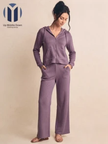 Women's Two-Piece Set: Hoodie And Wide-Leg Ribbed Pants - Ideal For Spring And Casual Wear - Purple - View 2
