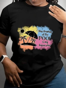 Palmeras junto al sol reflejando un día de descanso con colores vivos que evocan alegría y libertad bajo una sombrilla frente al agua camiseta de mujer casual cómoda para verano y momentos alegres - Negro - Ver 6