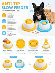 1pc Pet Anti-Tip Slow Feeder Lick Bowl For Dogs & Cats, Interactive Treat Puzzle Bowl With Center Ball, Puppy Keep Game Feed Puppy Toy For Slower Eating, Mental Stimulation & Enrichment Play, Stable Base Pet Feeding Dish For Wet Food, Puree & Snacks, Easy Clean Dog Toys, Dog Accesssories, Dog Stuff For Small Medium Dogs, Cats & Puppies, Puppy Keep Game For Home Daily Feeding, Yellow/Blue Optional - 彩色 - 查看 4