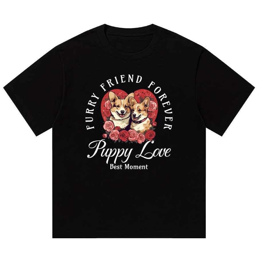 Boy's Heavy Duty American Style Short Sleeve T-Shirt With Puppy Print 280G For Men And Women, Summer Style, Loose Fit, Pure Cotton. - 黑色 - 查看 1