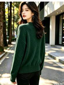 Women's Modal Turtleneck Sweater With Elastic Waist - 墨綠色 - 查看 2