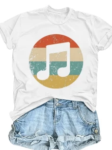 Símbolo musical sobre fondo de tonos retro que transmite la armonía del sonido universal y la energía del ritmo que conecta emociones profundas camiseta de mujer casual cómoda para uso diario moderna - Blanco - Ver 1