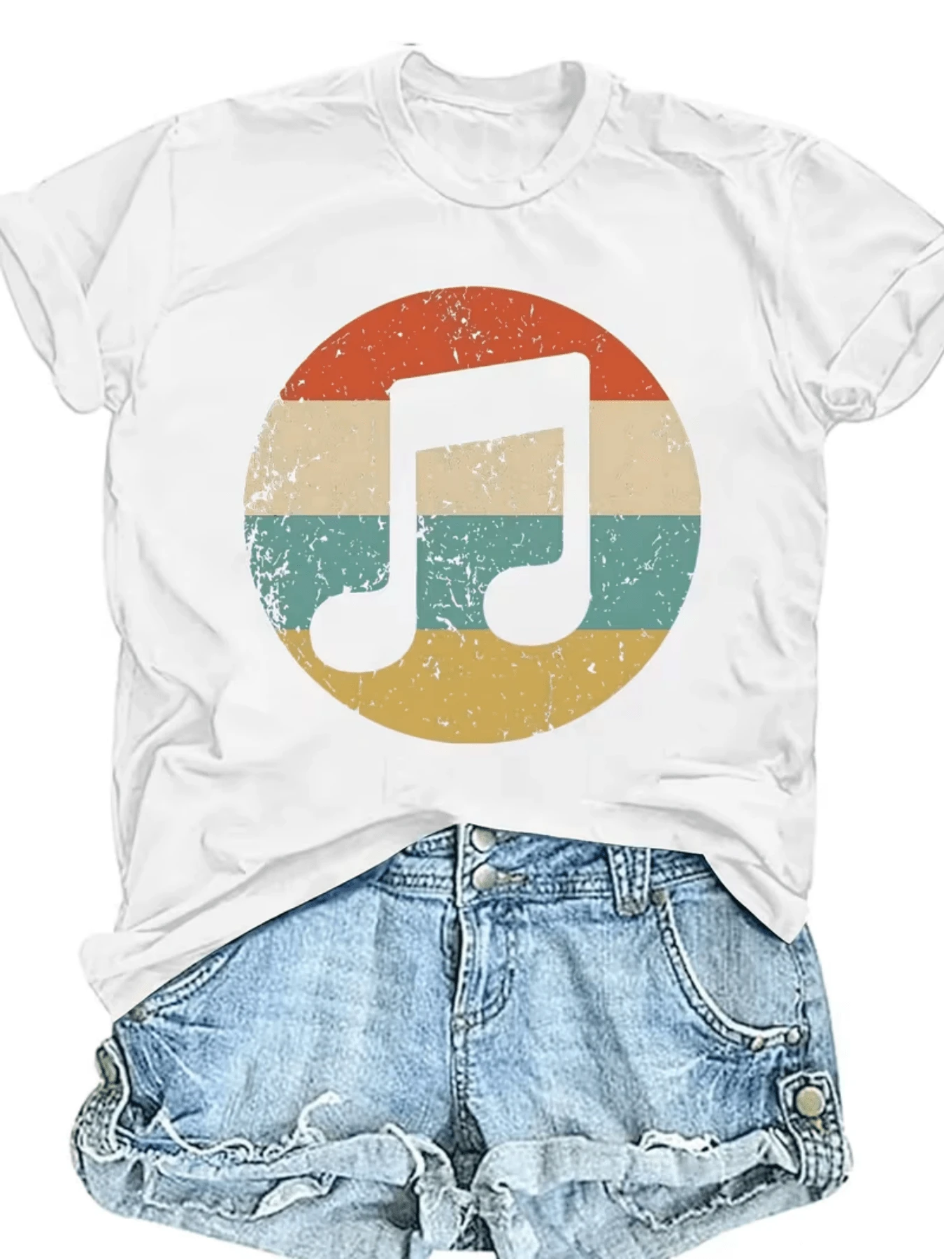Símbolo musical sobre fondo de tonos retro que transmite la armonía del sonido universal y la energía del ritmo que conecta emociones profundas camiseta de mujer casual cómoda para uso diario moderna - Blanco - Ver 1
