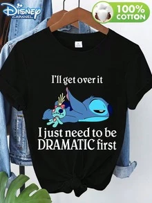 Disney-Licensed Lilo & Stitch Reclining Cuddly Doll, Featuring A Dramatic Text Print, This Women's Crew Neck T-Shirt Is Perfect For Spring, Summer, And Autumn, Suitable For Wearing Alone Or As A Layering Piece. A New, Versatile, Casual, Soft, And Comfortable Style. - màu đen - Xem 1
