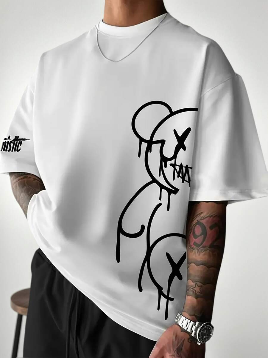 Plus Size Men's New Streetwear Bear & English Slogan Print Short Sleeve T-Shirt, Comfortable & Breathable, Suitable For Summer, Leading Fashion