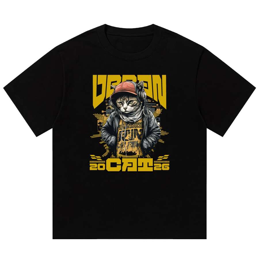 Boy Camiseta De Verano De Manga Corta De AlgodóN Grueso Estilo Americano Para Hombre, Corte Holgado, Con Estampado De Gato Hip-Hop, Camiseta A La Moda. - Negro - Ver 1