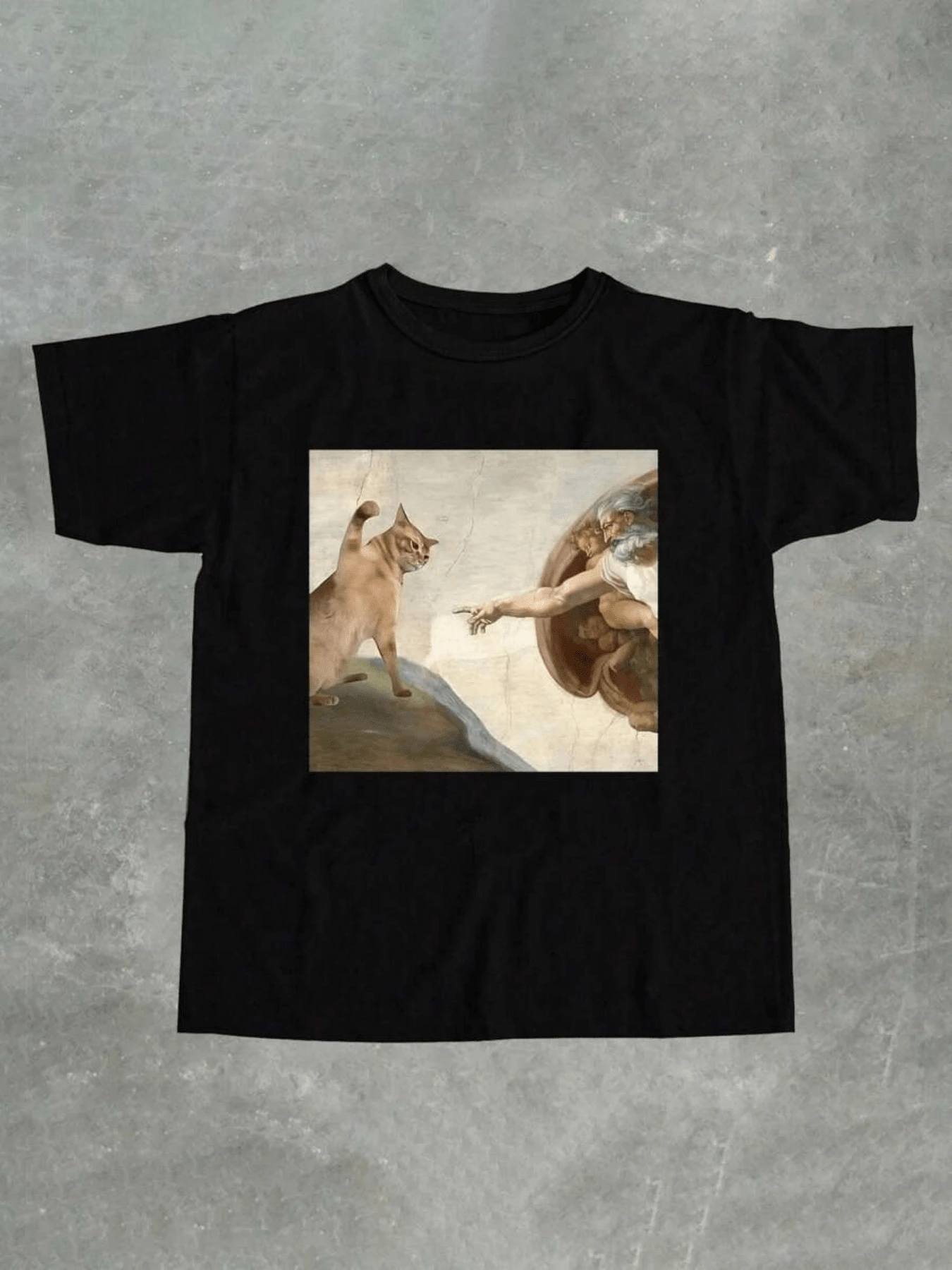 Gato extiende su pata hacia una figura humana en gesto simbólico que representa conexión y humor artístico clásico elegante y moderno para reflejar creatividad única camiseta de mujer casual cómoda para diario - Negro - Ver 1