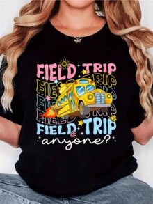 Yellow School Bus With Colorful Details Symbolizing Adventure, Joy And The Energy Of Learning On A Fun Background. Modern Casual Women's T-Shirt Ideal For Outings And Comfortable Days. - 黑色 - 查看 6