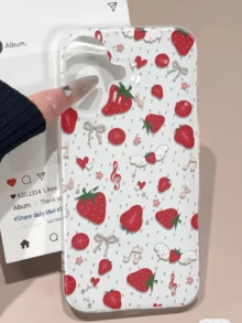 Music Note & Strawberry Pattern Phone Case, Suitable For IPhone 17, IMD Soft Protective Cover For IPhone 15 Pro Max, Cute Design For IPhone 16 Pro, European And American Style For IPhone 14, Suitable For Girls - Red - View 2