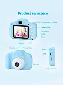 1pc Children's Mini Camera, Cartoon Fun Cute Camera, High-Definition Screen Photo & Video Toy, Built-In Fun Games, Cartoon Digital Camera With Photo & Video Recording, Outdoor Play Recording, Travel Recording, Outdoor Photography, Parent-Child Interaction, Student Children Holiday Birthday Gift (Memory Card Not Included) - Blue - View 2