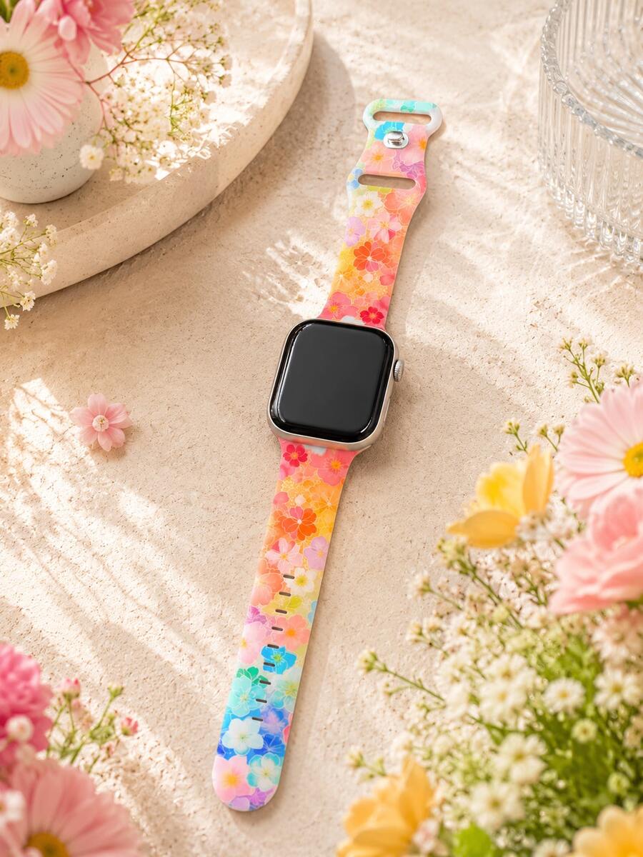 彩色花卉图案单条柔软弹性透气舒适腕带,适用于 38mm 40mm 41mm 45mm 44mm 42mm 49mm,时尚休闲多色硅胶表带,兼容 Ultra 系列、S10/SE/9/8/7/6/5/4/3/2/1 智能手表配件 - 彩色 - 查看 1