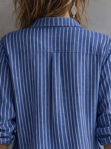Women's Striped Long Sleeve Shirt Collar Top, Woven Fabric, Regular Length, Fashionable Style - Navy Blue - View 4