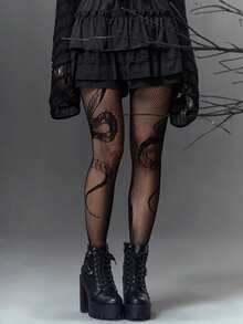 1 Pair Snake Skin Mesh Stockings, Suitable For Halloween - Black - View 6