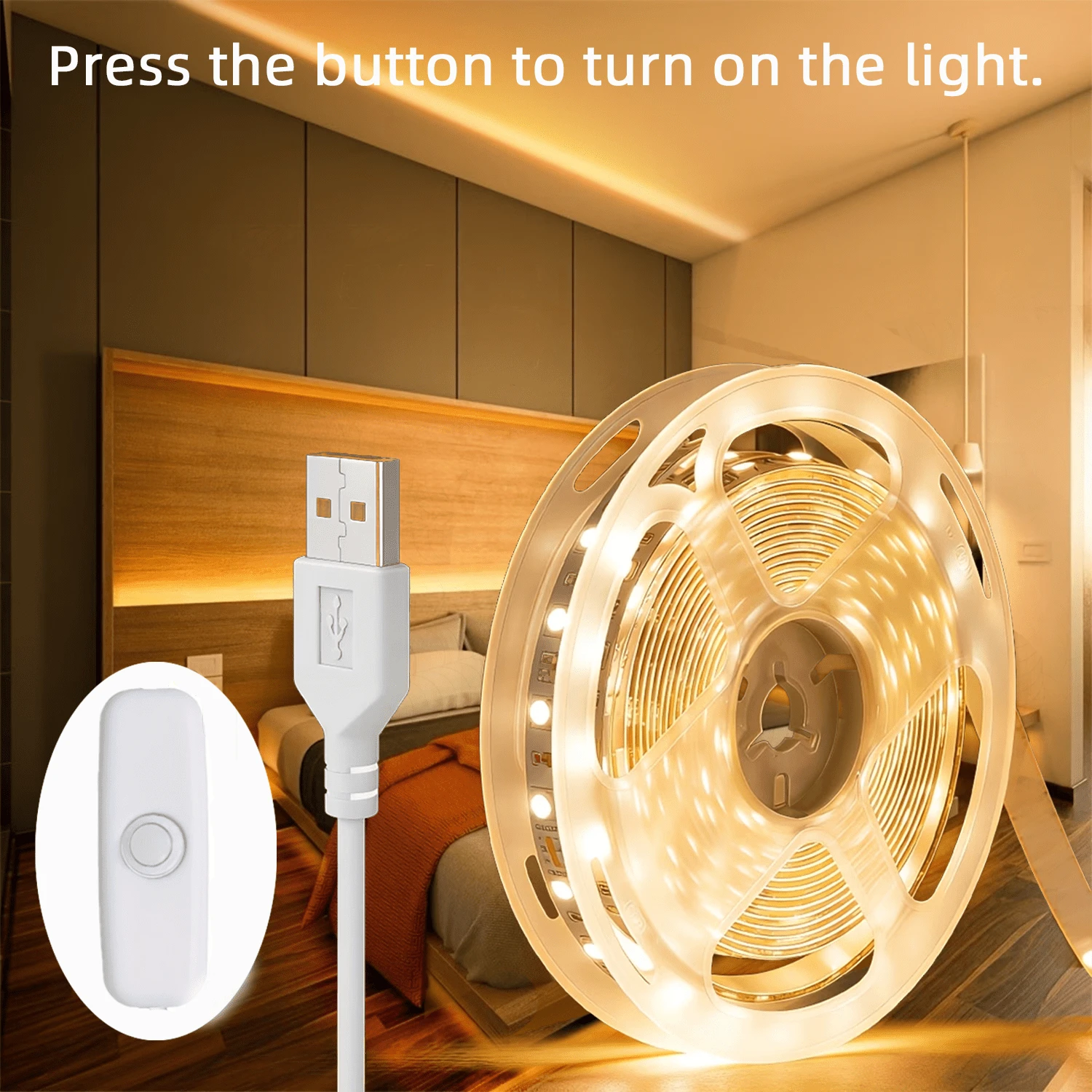 3-100Ft 5V USB Warm White LED Strip Lights With One‑Key Button , Cuttable And Easy To Install, Flexible Light Strip For Bedroom, Under Cabinet, Home Decor, Living Room, Library