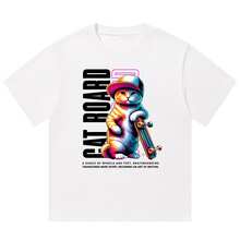 Boy Camiseta Vintage Americana Con Estampado De Gato De Skateboard, Marca De Moda Para Hombre, Estilo Hip-Hop Urbano, Holgada De Manga Corta, Para Parejas - Blanco - Ver 1