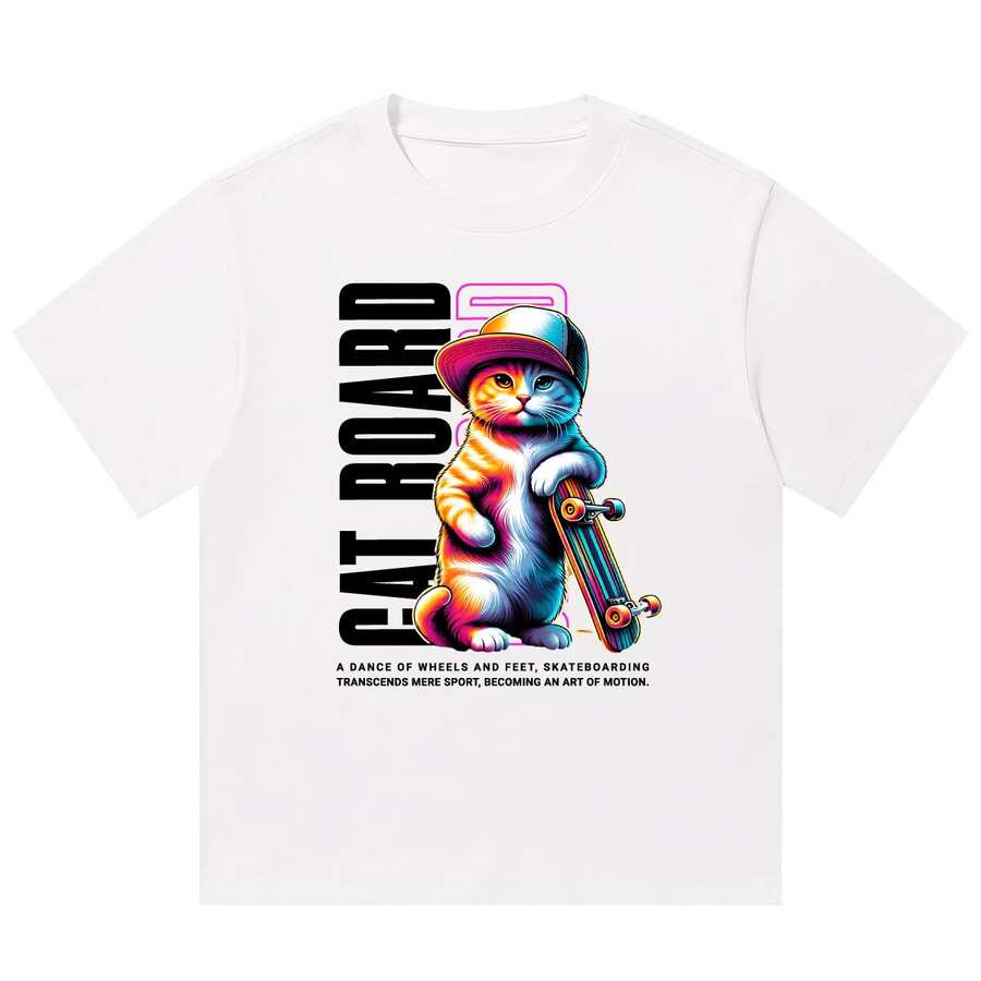 Boy Camiseta Vintage Americana Con Estampado De Gato De Skateboard, Marca De Moda Para Hombre, Estilo Hip-Hop Urbano, Holgada De Manga Corta, Para Parejas - Blanco - Ver 1
