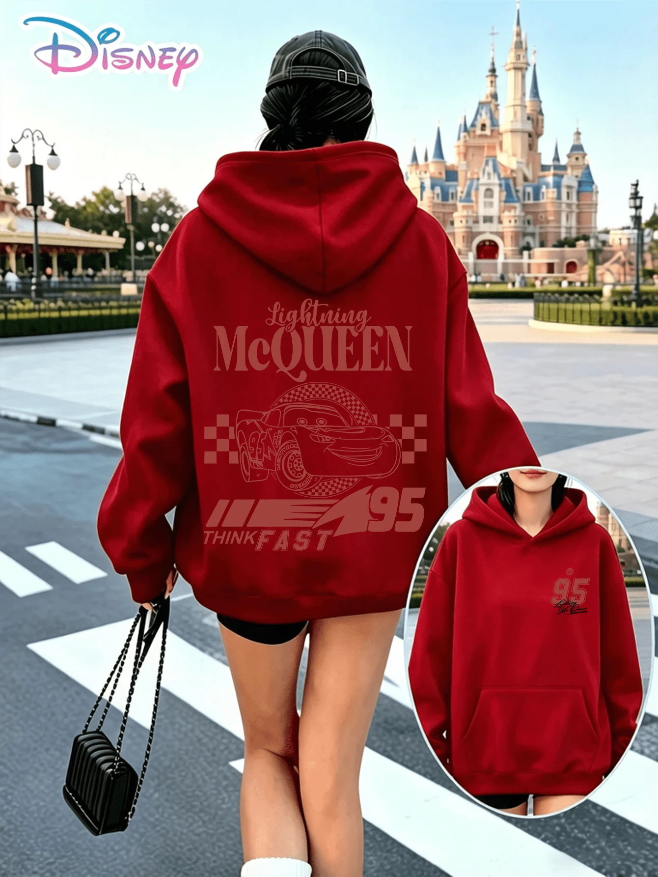 Disney Cars Lightning McQueen 95 Checkered Printed Hoodie With "Think Fast" Slogan. A Relaxed, Casual, And Versatile Top, Perfect For Holiday Gifting. (Women's Autumn/Winter Clothing/Elegant Women's Outfits/Patterned Hoodies/Printed Tops/Casual Outfits For Racing‑Themed Daily Wear) - Đỏ - Xem 1