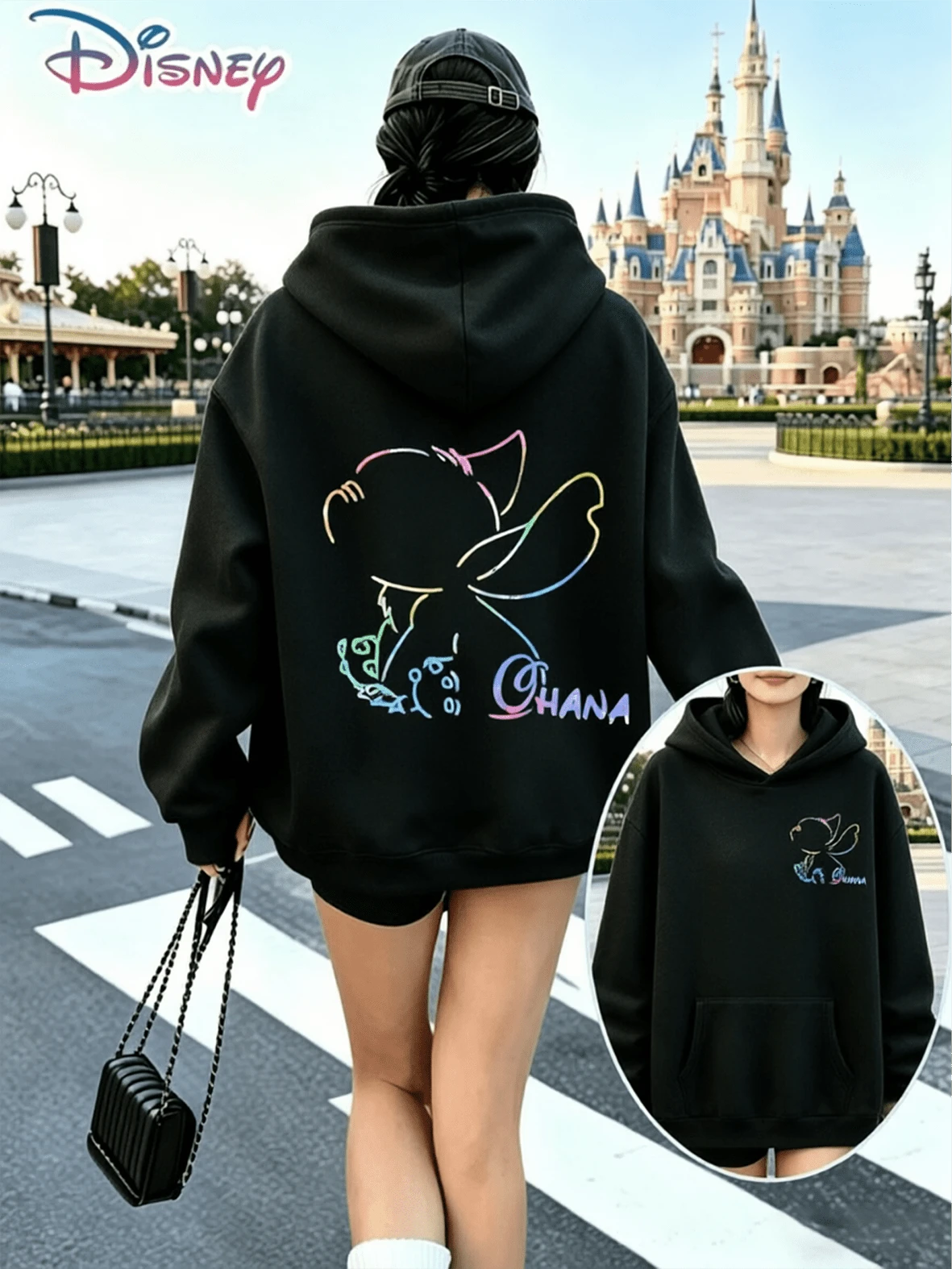 Disney Lilo & Stitch "Ohana" Gradient Silhouette Graphic Print(Women's Autumn/Winter Clothing / Elegant Women's Wear / Patterned Hoodies / Printed Tops / Women's Casual Wear / Women's / Holiday Suits) - màu đen - Xem 1