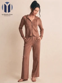 Women's Two-Piece Set: Hoodie And Wide-Leg Ribbed Pants - Ideal For Spring And Casual Wear - Mocha Brown - View 4