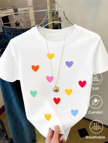 Camiseta Casual para Mujer con Motivos de Corazones de Colores, Manga Corta Holgada, Ropa Básica Cómoda y Transpirable, Perfecta para Combinar con Jeans y Faldas, Estilo Juvenil y Alegre - Blanco - Ver 1