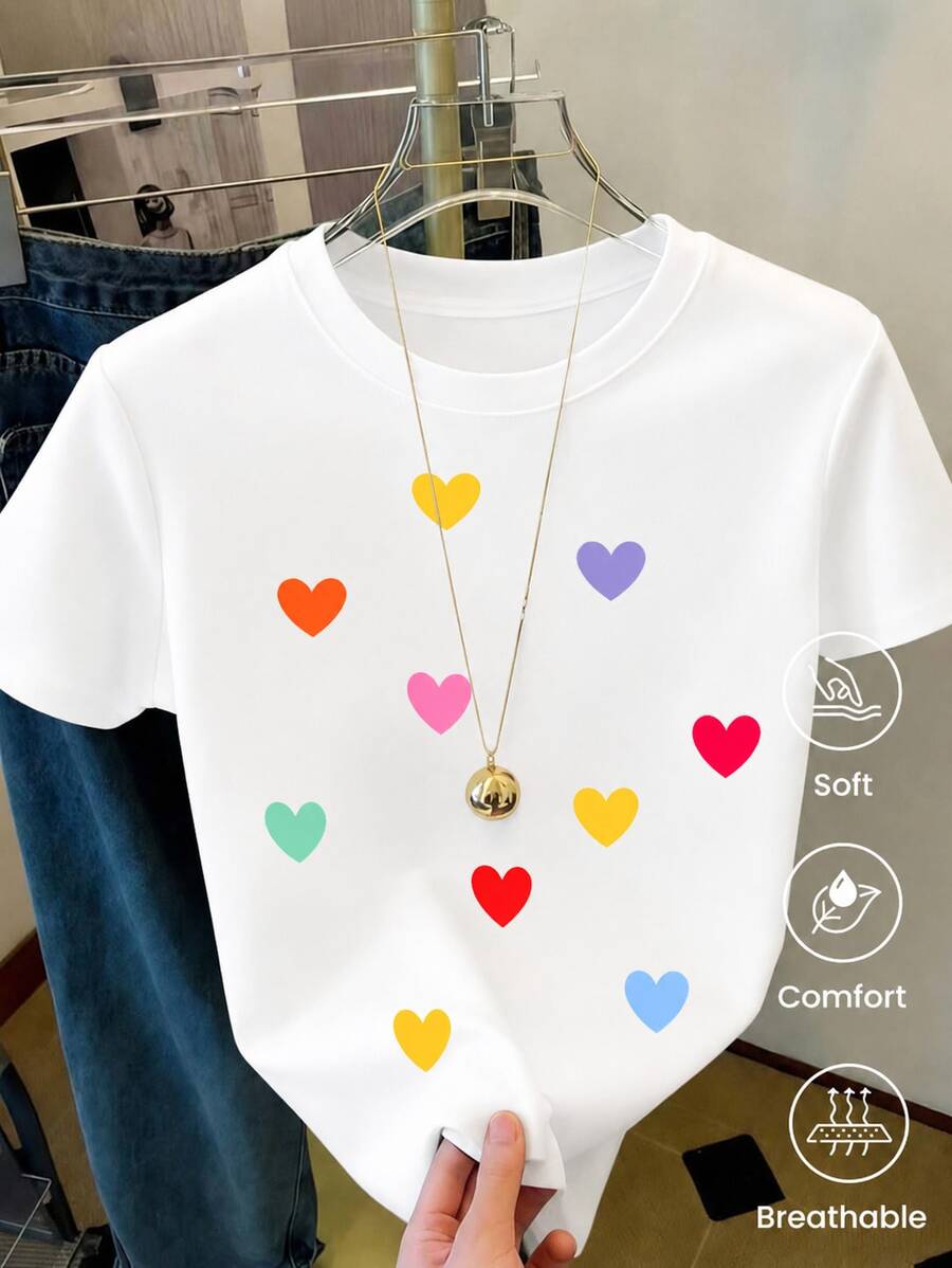 Camiseta Casual para Mujer con Motivos de Corazones de Colores, Manga Corta Holgada, Ropa Básica Cómoda y Transpirable, Perfecta para Combinar con Jeans y Faldas, Estilo Juvenil y Alegre - Blanco - Ver 1