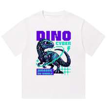 Boy Camiseta De Manga Corta Estilo Urbano Americano, Unisex, Marca De Moda, Camiseta De AlgodóN Puro, Top Con DiseñO De Dinosaurio CibernéTico Pixelado. - Blanco - Ver 12