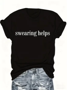 Frase motivacional que expresa con humor la idea de que liberar tensión mediante palabras fuertes puede aliviar el ánimo y aportar energía positiva camiseta de mujer cómoda para uso diario con estilo casual y mensaje audaz - Negro - Ver 1