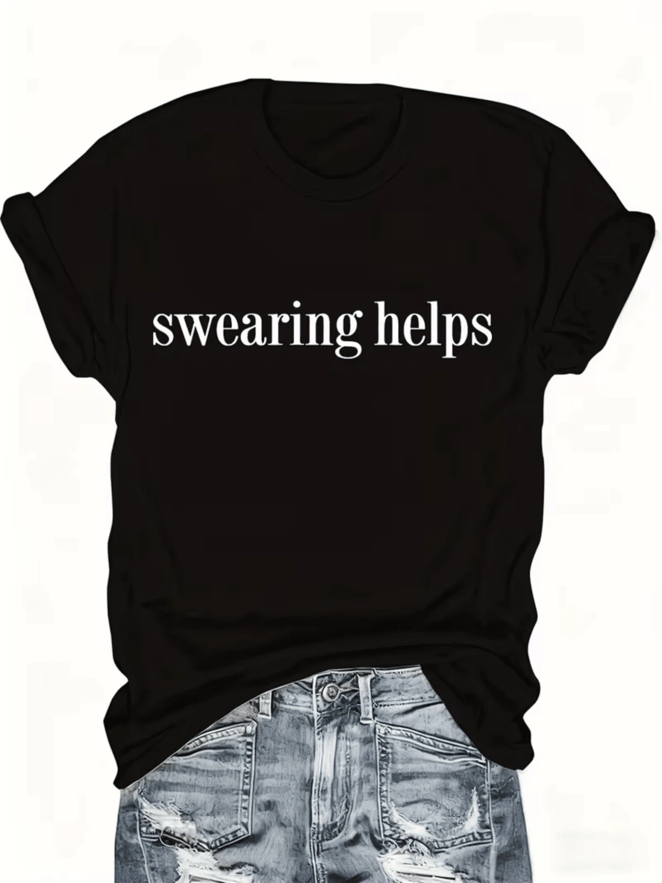 Frase motivacional que expresa con humor la idea de que liberar tensión mediante palabras fuertes puede aliviar el ánimo y aportar energía positiva camiseta de mujer cómoda para uso diario con estilo casual y mensaje audaz - Negro - Ver 1