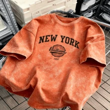 1PCS Men's Heavyweight 230g/M²% Cotton Loose T-Shirt - Round Neck Short Sleeve Casual Bohemian Style With New York Pattern Print And Vintage Letters, Available In Plus Sizes, All-Season Comfortable, Machine Washable Casual Clothing (Large And Tall Sizes) - Suitable For Layering And Daily Matching - Black/White/Grey/Navy Blue/Red/Brown, Geometric And Text Designs, Adult Relaxed Fit, Street Style, Breathable Material, Durable Construction-Premium Cotton Graphic Printed Round Neck T-Shirts-365T - 橘色 - 查看 8
