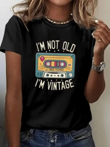Cinta retro de colores que simboliza la nostalgia y la conexión con la música clásica transmitiendo actitud positiva y amor por lo antiguo camiseta de mujer casual moderna cómoda para uso diario - Negro - Ver 8
