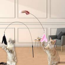 钢丝羽毛逗猫棒玩具，长柄自娱耐咬猫玩具 - 彩色 - 查看 2