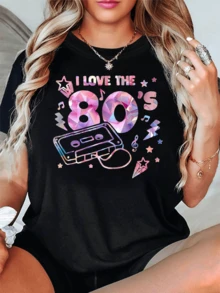 Cinta retro con colores brillantes que celebra la energía musical y la nostalgia de los años ochenta con notas y estrellas vibrantes camiseta de mujer moderna casual cómoda - Negro - Ver 6