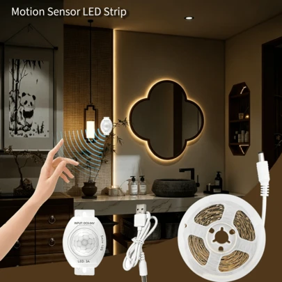 Dải đèn LED cảm biến chuyển động, dễ lắp đặt, có chức năng hẹn giờ tắt, cấp nguồn qua USB, ánh sáng trắng ấm/lạnh, thích hợp cho tủ, kệ và cầu thang.