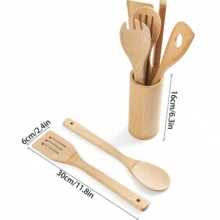 8pcs/1pc Bamboo Cooking Utensil Set With Cutlery Storage Bucket And Food Tongs - Apricot - View 5