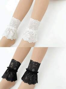 2/4 Lapisan Ganda Ruffle Lace Ankle Decor, Sweet Floral Sheer Leg Sleeves, Lolita Style Women's Black/White Lace Leg Rings, Ruffle Floral Ankle Leg Warmers, Decorative Foot Wraps Suitable For JK Uniforms And Dresses - MultiWarna - View 10
