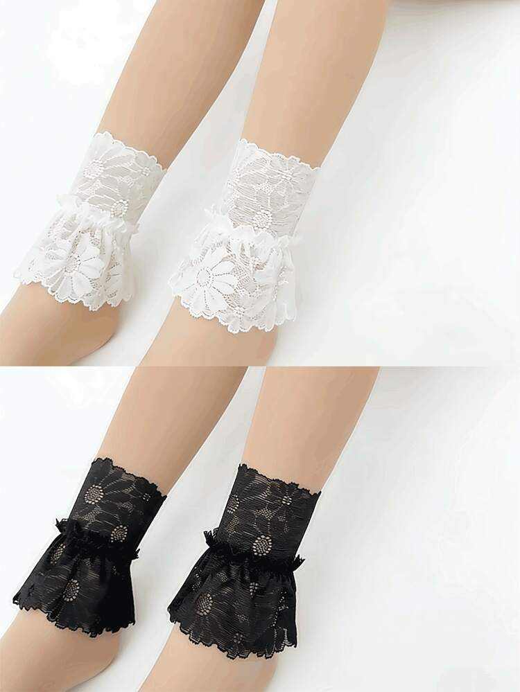 2/4 Vòng chân ren bèo nhún hai lớp trang trí cổ chân, ống chân xuyên thấu hoa ngọt ngào, vòng chân ren phong cách Lolita cho nữ màu đen/trắng, băng cổ chân bèo nhún hoa, băng quấn chân trang trí phù hợp cho đồng phục JK và váy - Nhiều màu - Xem 10