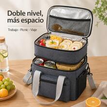 1 Piece Double Compartment Thermal Lunch Bag, Waterproof Oxford Cloth Portable Lunch Box With Adjustable Strap, Keeps Food Cold And Hot, Water Resistant Aluminum Lining, Ideal For Work, School, Picnic, Camping And Travel, Available In Various Colors - 灰色 - 查看 3
