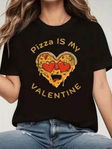 Corazón hecho de pizza con ojos de corazón que expresa amor delicioso y diversión romántica perfecta para quienes aman la comida y el humor camiseta de mujer casual moderna atractiva para regalos originales - Negro - Ver 6