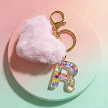 1 pieza Llavero con corazón de letra de resina beige y borla para mujer, accesorio creativo de estilo lindo como regalo para amigos - Rosa - Ver 18